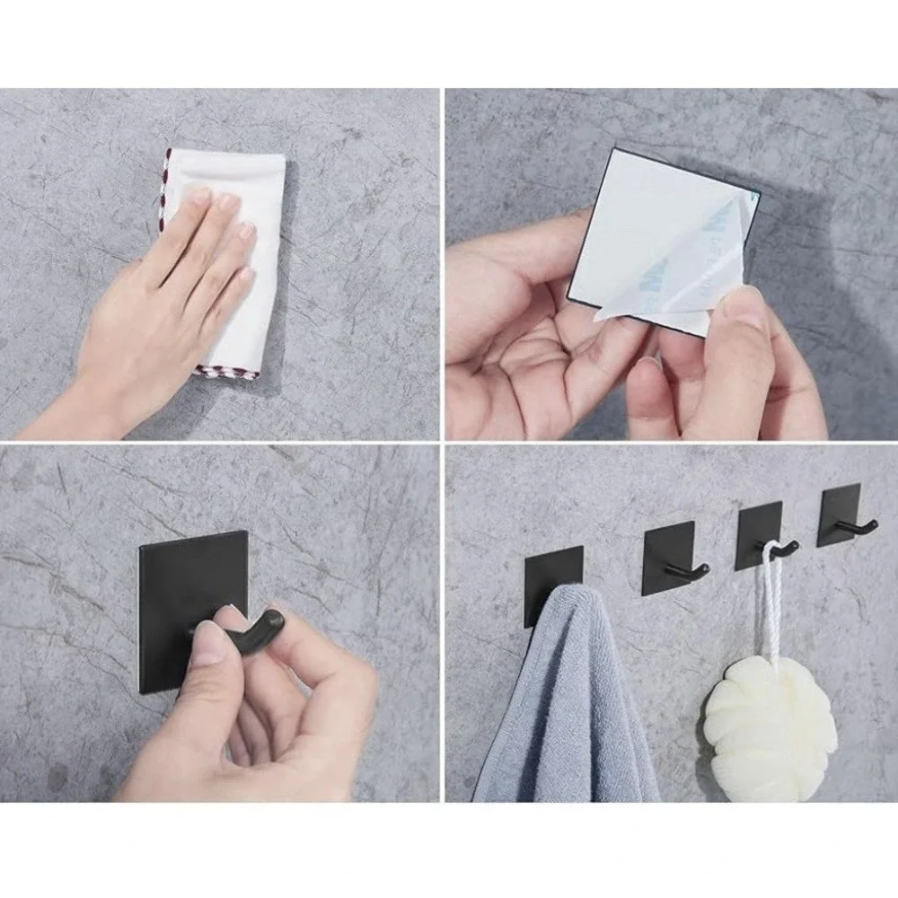 Fomansh Heavy Duty Adhesive Hooks Black Stainless Steel 4 Pack Stick on Wall